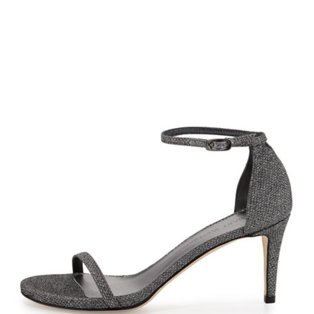 Like NEW Stuart Weitzman Naked Glitter Mid-Heel Sandal, Pewter